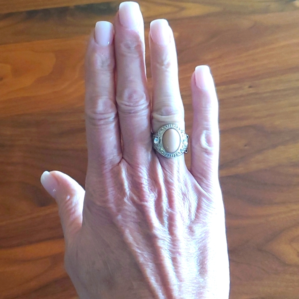 Silver-Tone/Beige Stone Stretchy Fashion Ring
